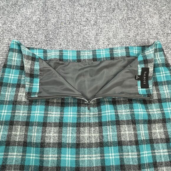Talbots Wool Blend Pencil Skirt Size 12 Turquoise Plaid Lined Rear Zip Academia - Picture 3 of 9